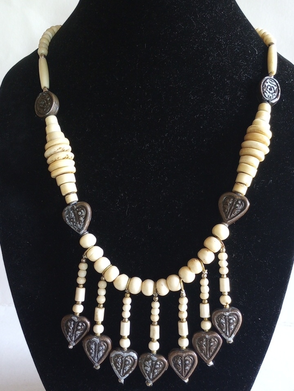 Boho Style Bovine Bone Poltshed  Beaded Heart Fringe Charms Necklace  22" LONG